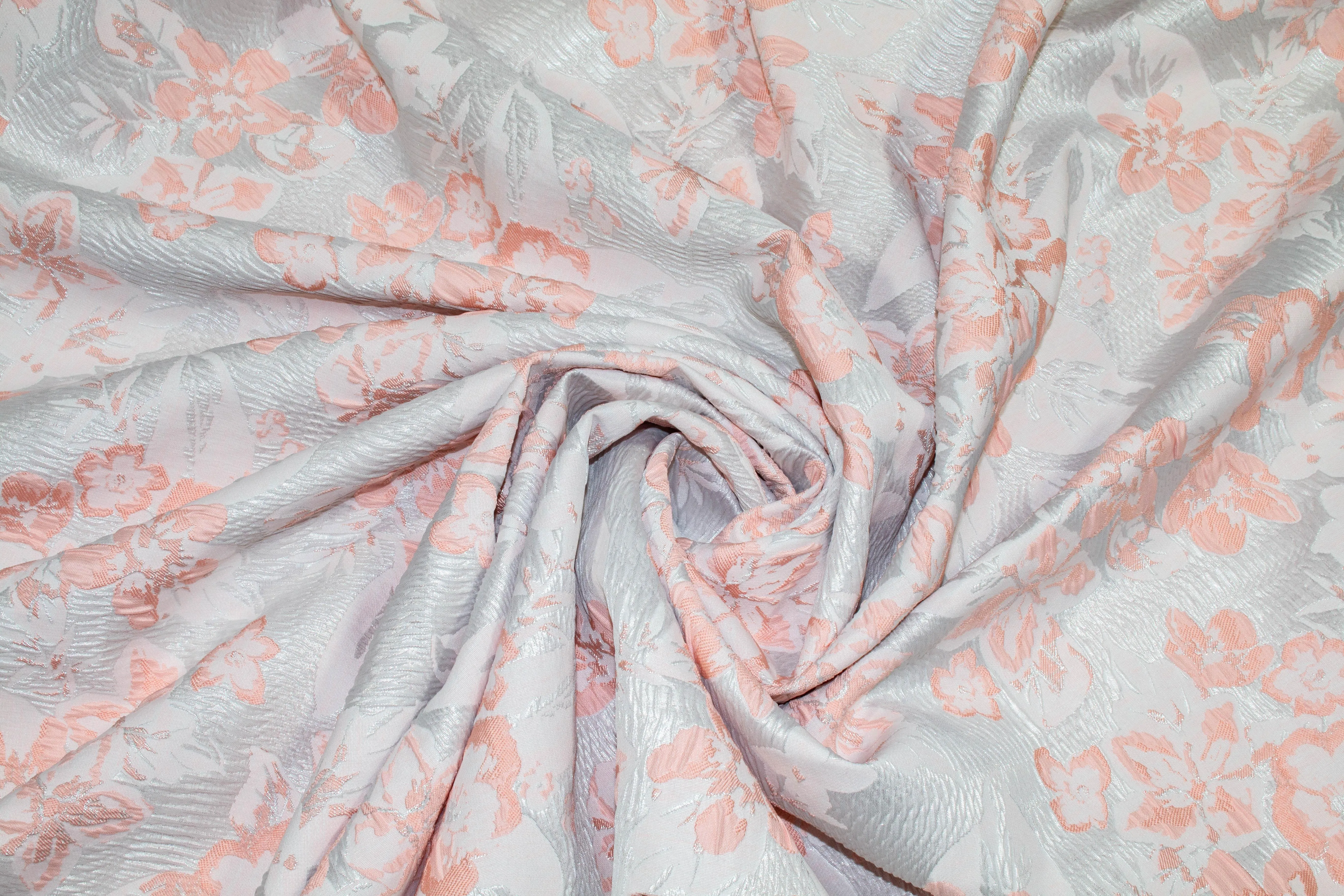 Floral Metallic Crushed Brocade - Silver and Pink