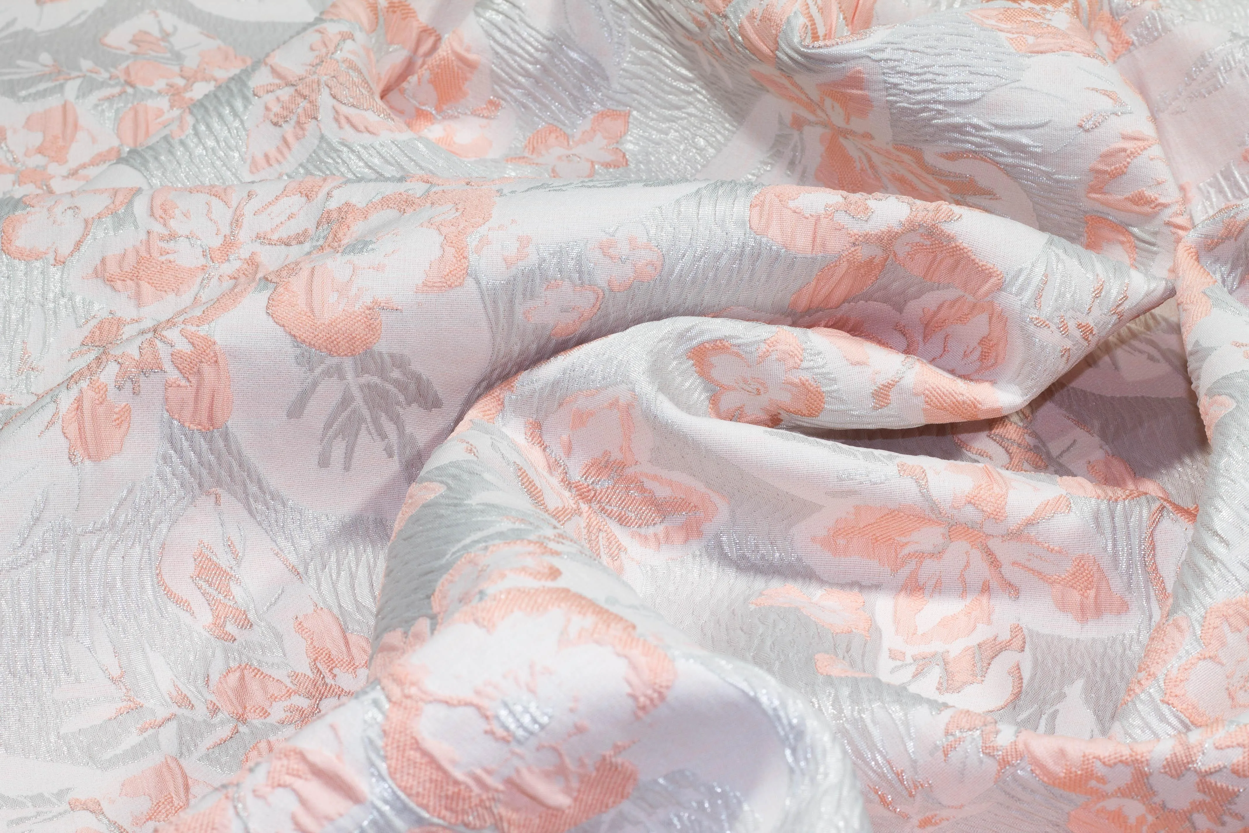 Floral Metallic Crushed Brocade - Silver and Pink