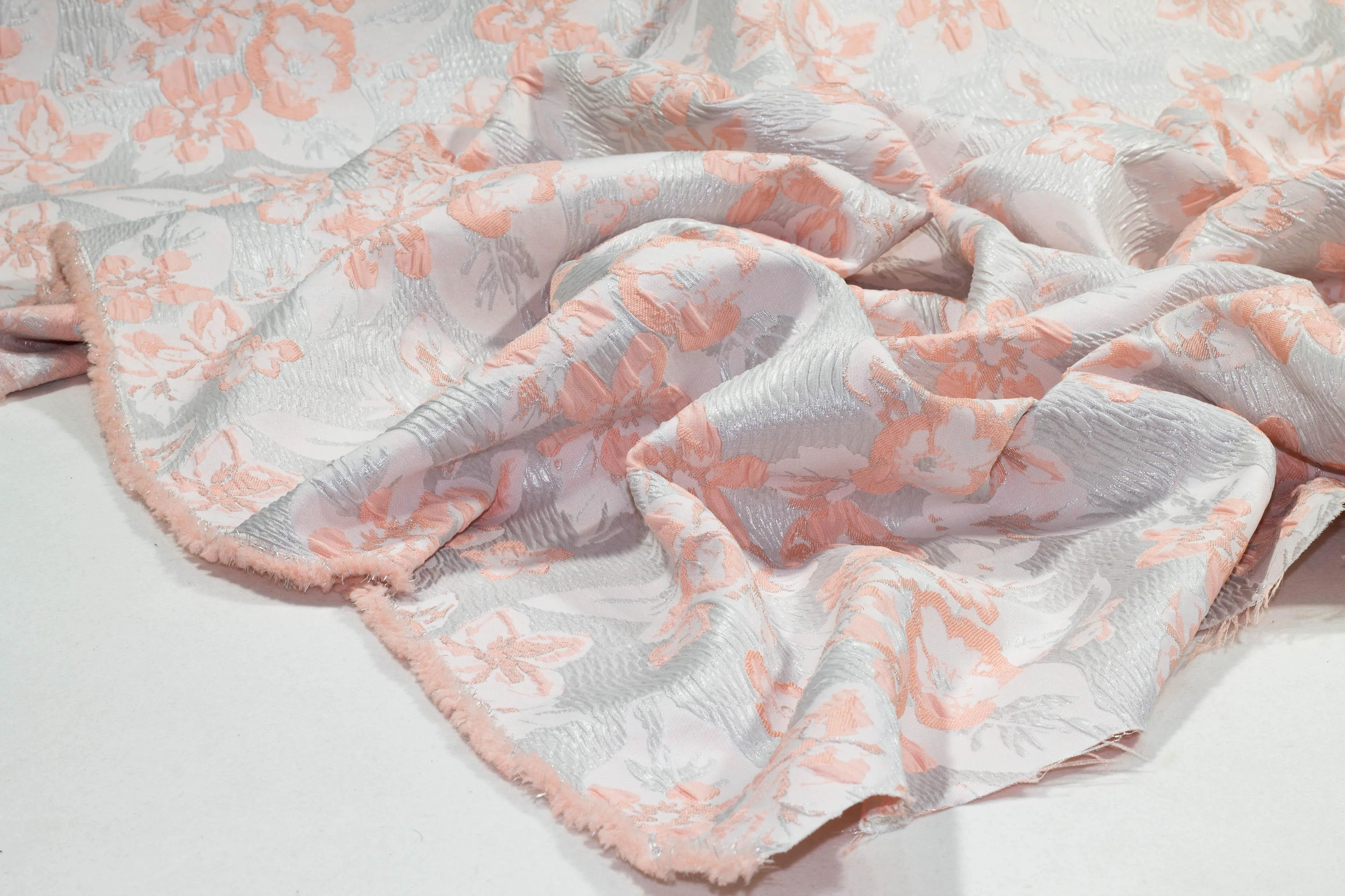 Floral Metallic Crushed Brocade - Silver and Pink