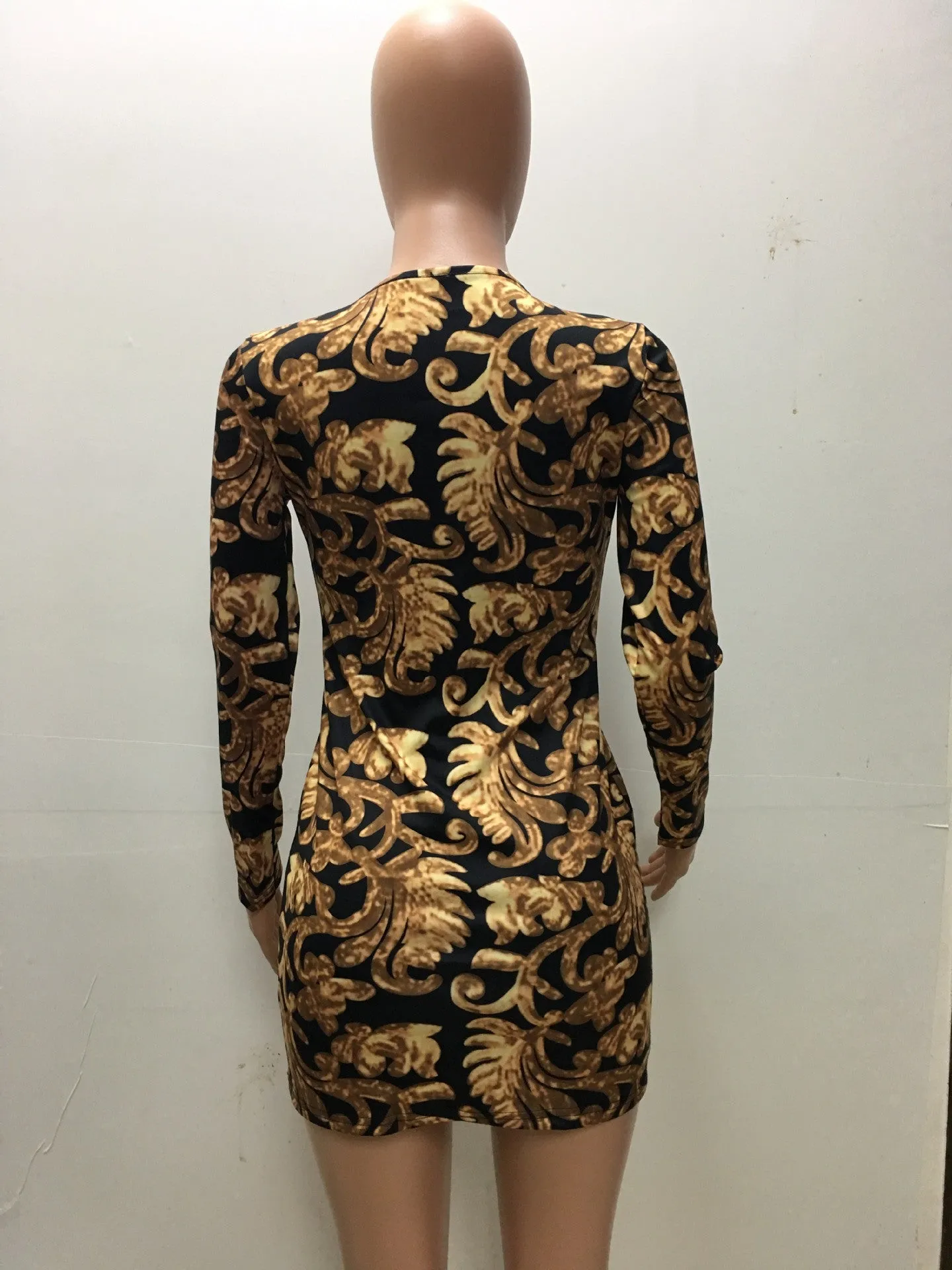 Floral Print Deep V Neck Long Sleeve Bodycon Short Dress