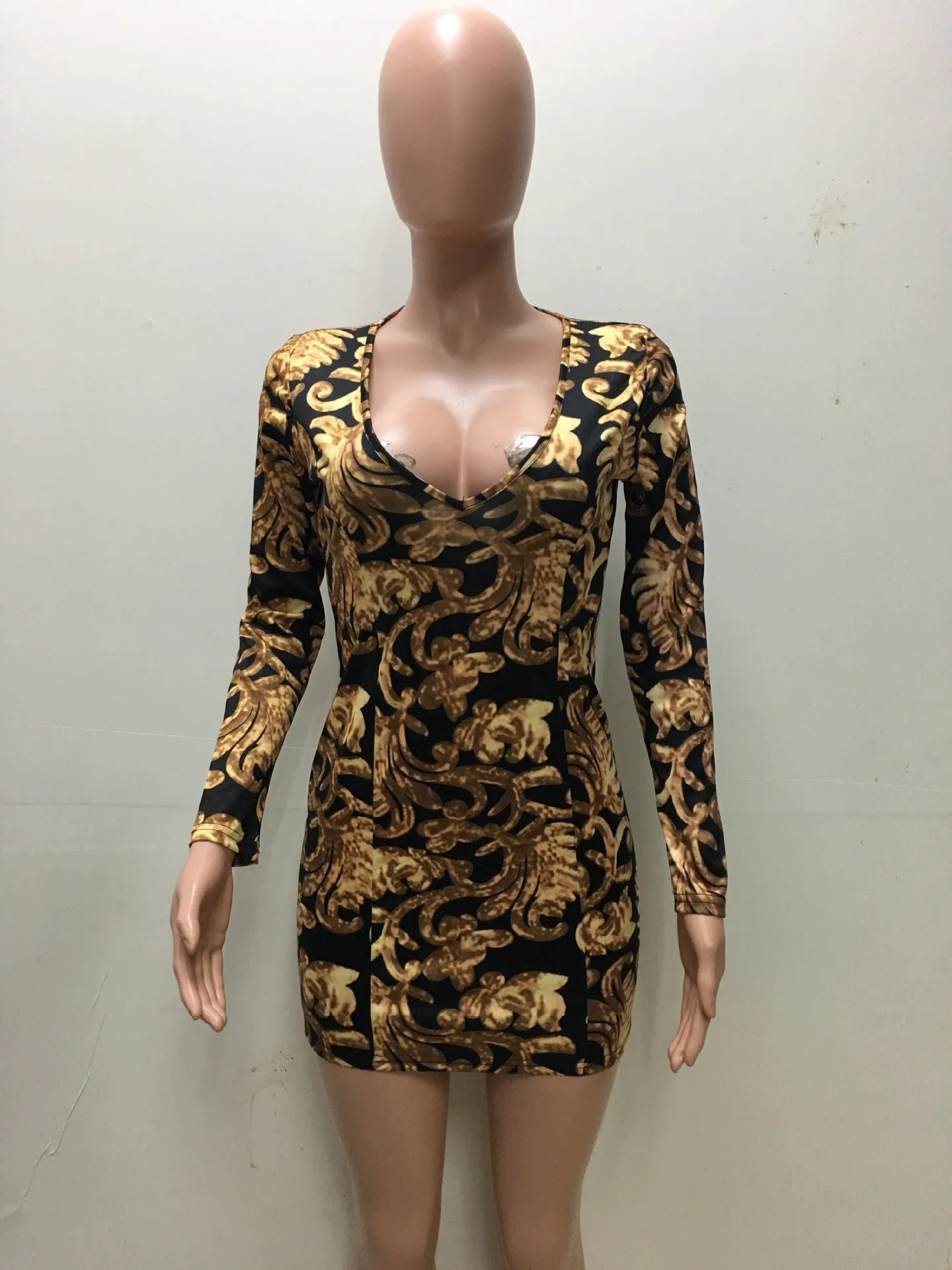 Floral Print Deep V Neck Long Sleeve Bodycon Short Dress