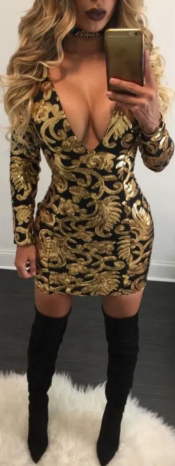 Floral Print Deep V Neck Long Sleeve Bodycon Short Dress