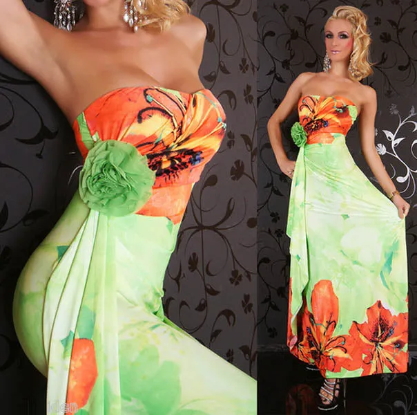 Floral Print Strapless Light Green Maxi Boho Hippie