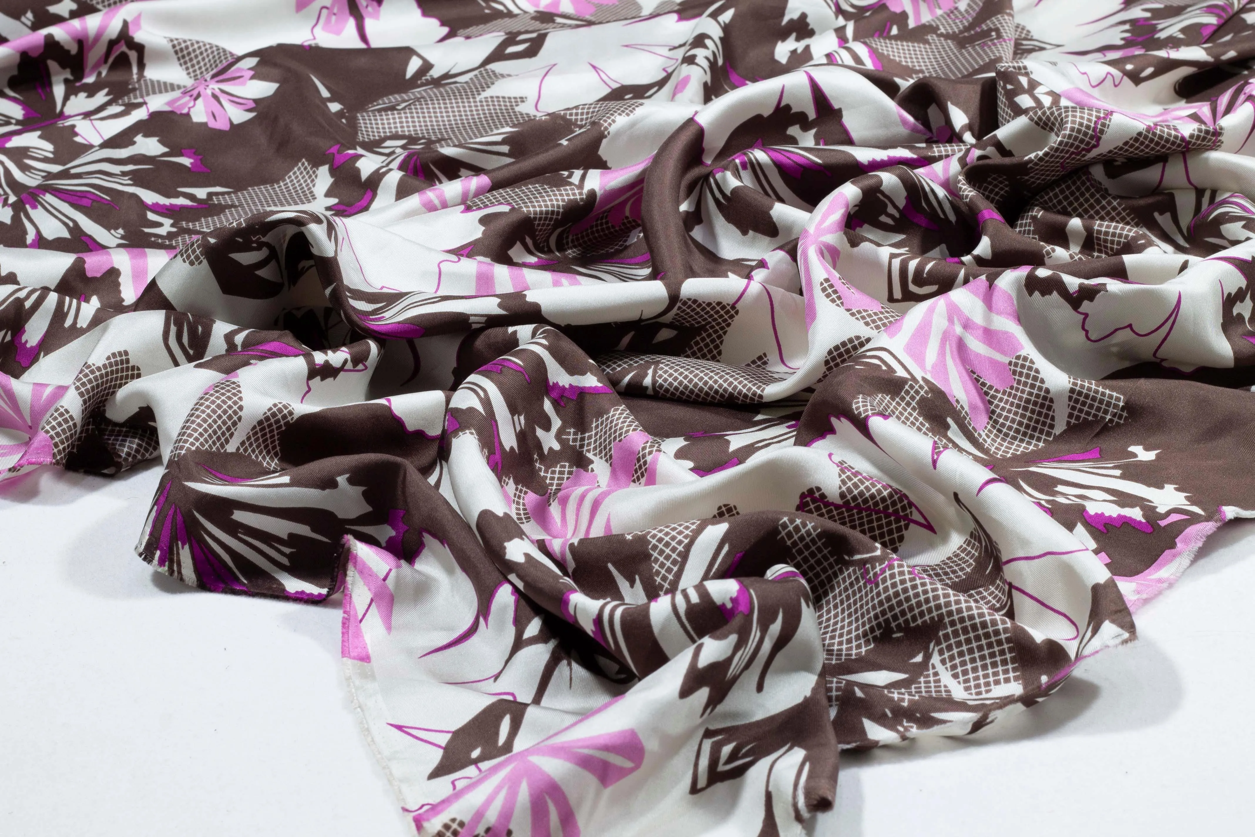 Floral Silk Charmeuse - Brown, Pink, White