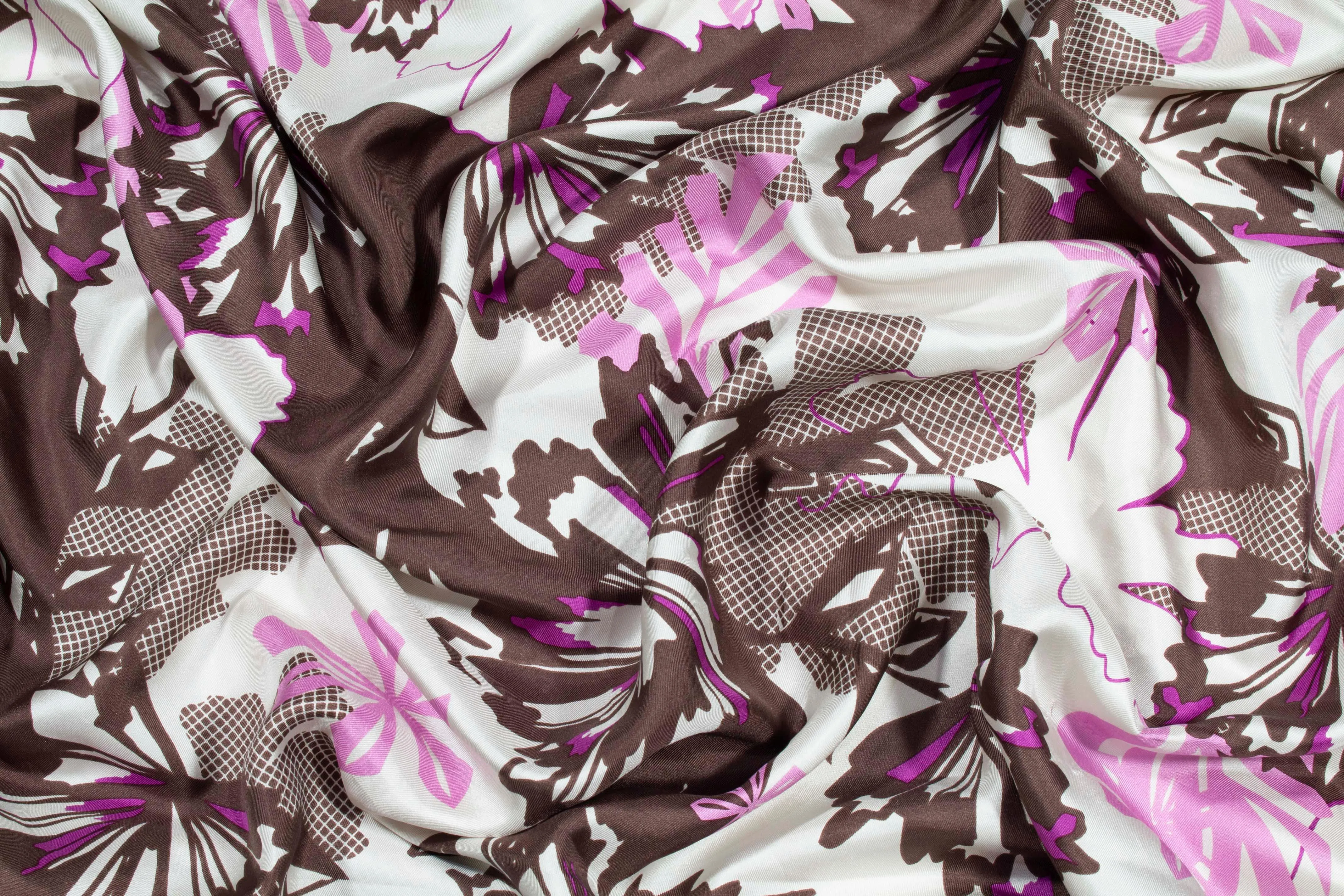 Floral Silk Charmeuse - Brown, Pink, White