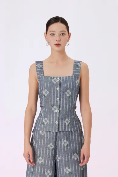 Geila White Emboss Blue Denim Strap Top