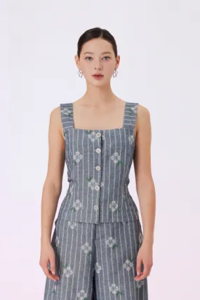 Geila White Emboss Blue Denim Strap Top