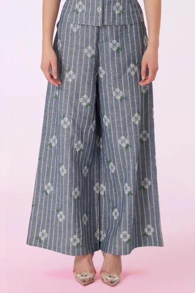 Geila White Emboss Blue Denim Wide Pants