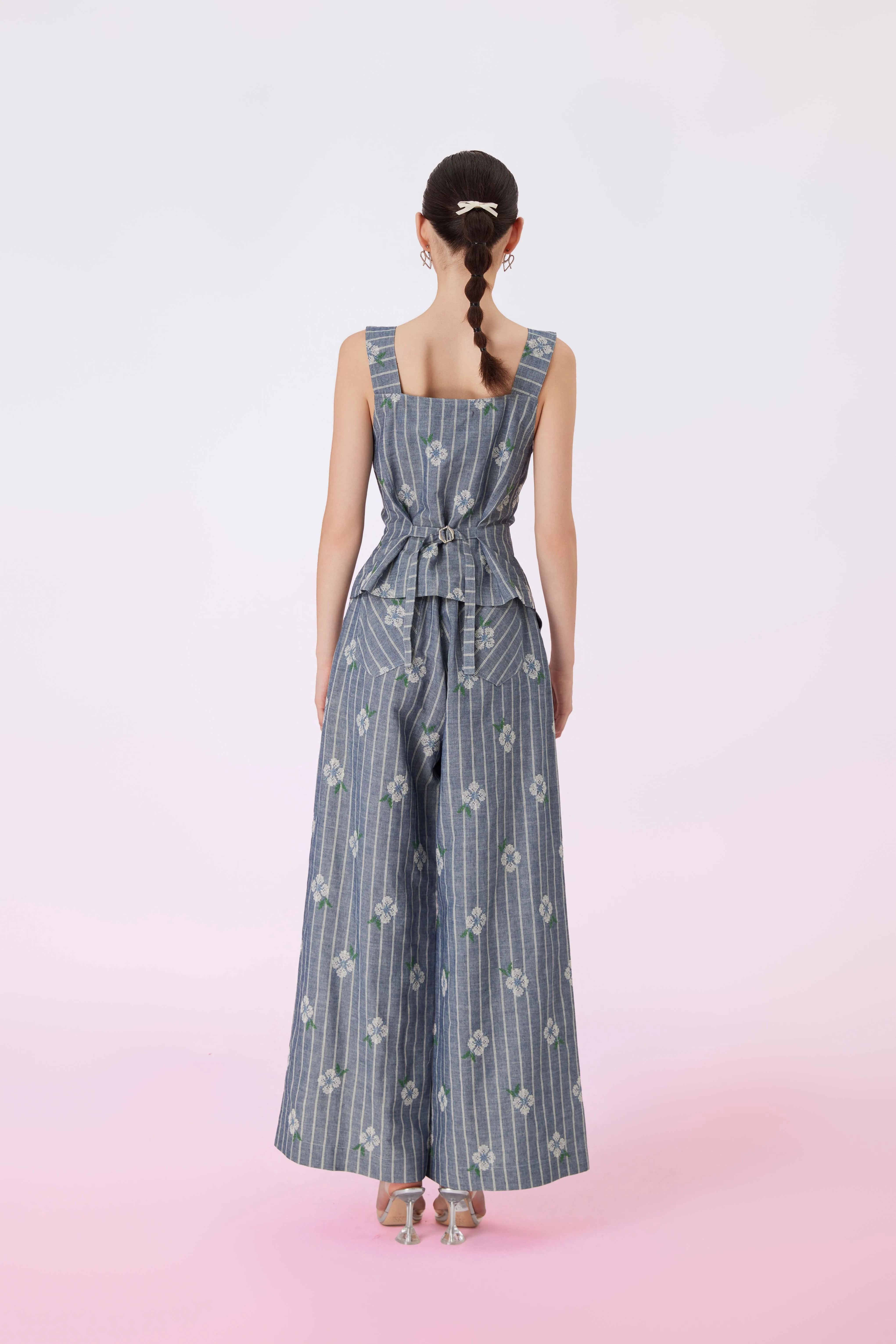 Geila White Emboss Blue Denim Wide Pants