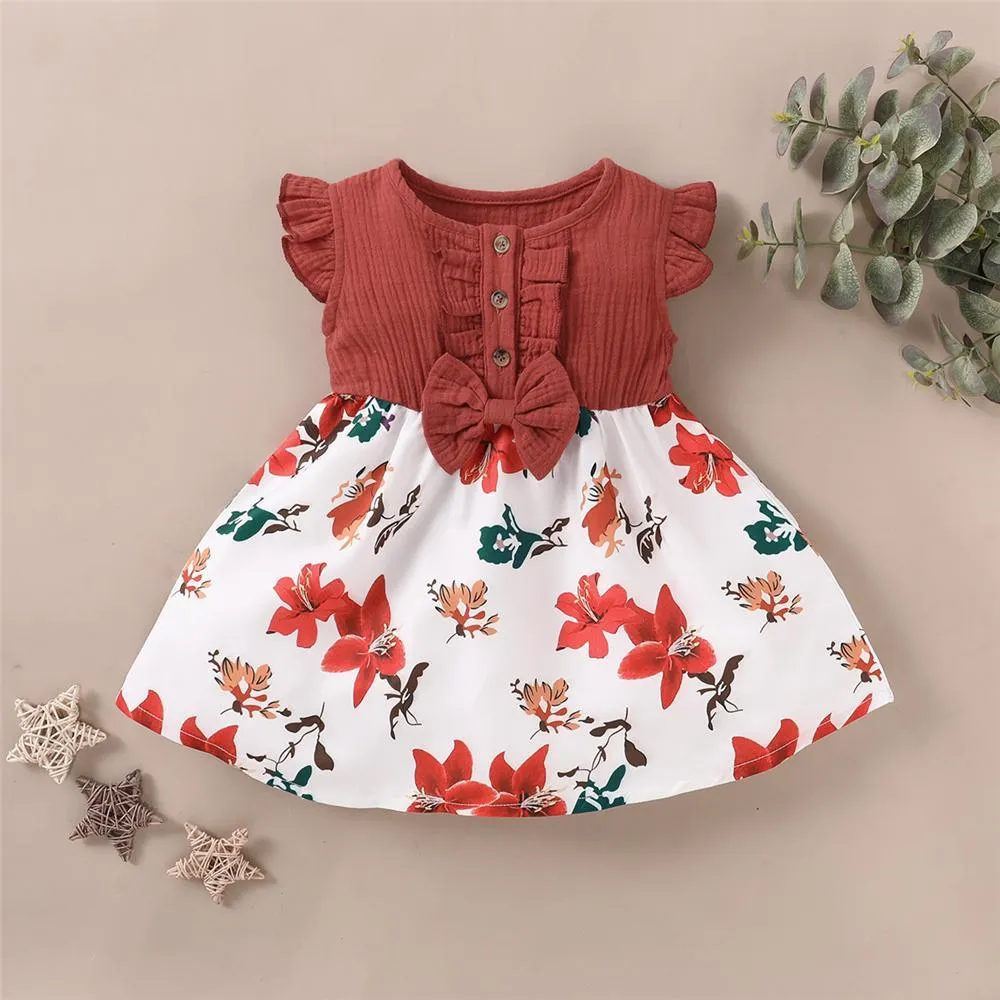 Girls Summer Floral Printed Bow Decor Dress Girl Dresses Wholesale