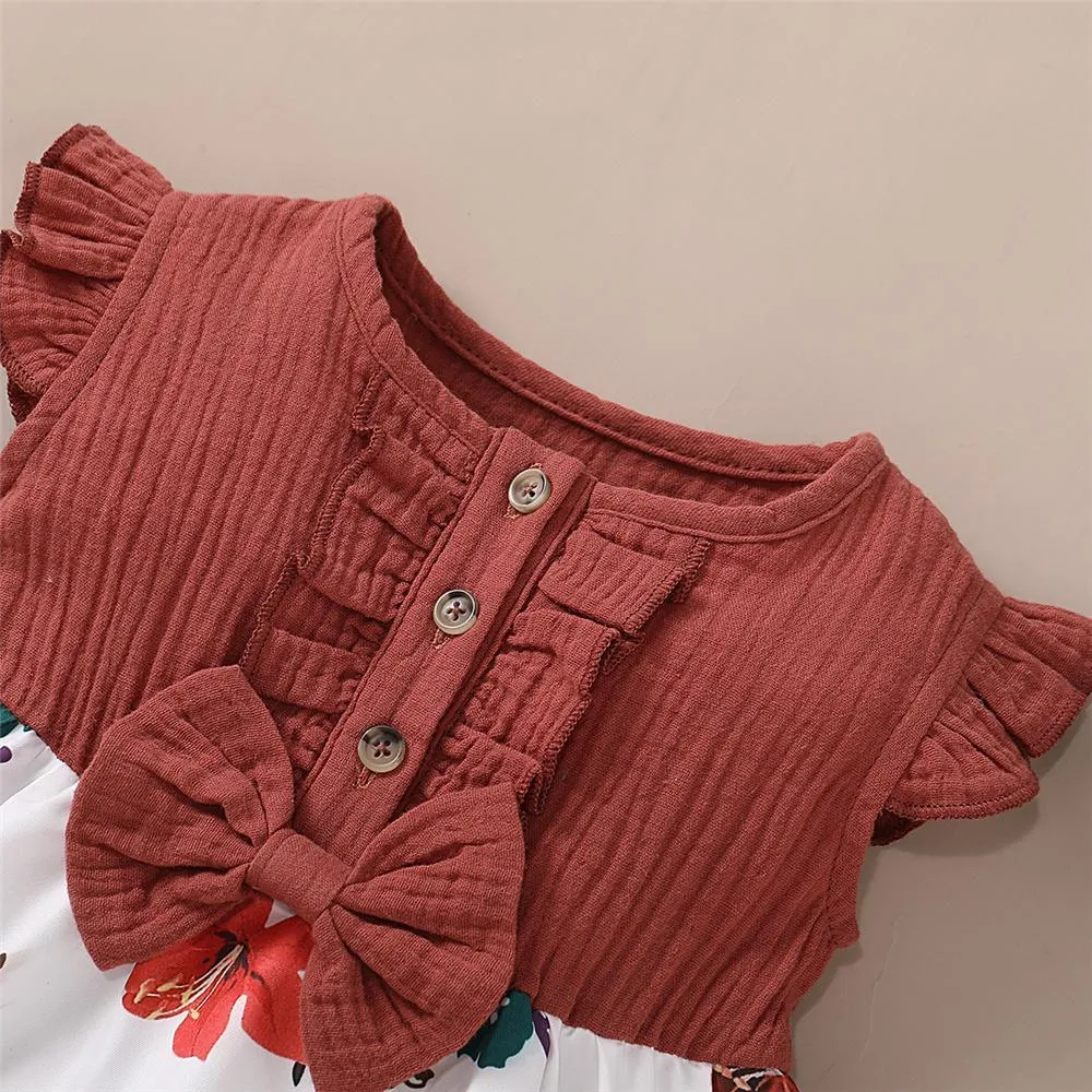 Girls Summer Floral Printed Bow Decor Dress Girl Dresses Wholesale