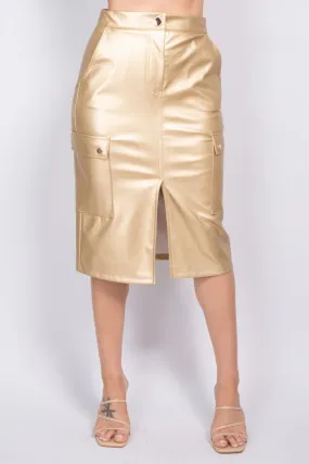 Gold Faux Leather High-Rise Cargo Skirt