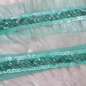 Green Handwork Sequins And Cutdana Beads Work Embroidered Border (Wholesale)