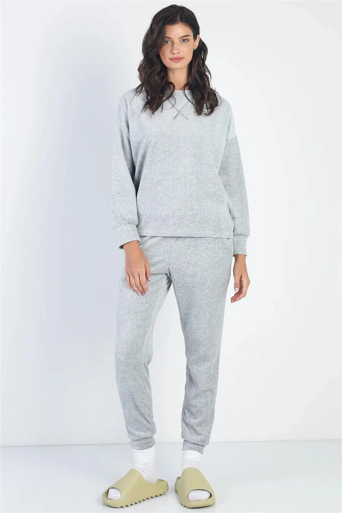 Grey Velour Cotton Long Sleeve Sweater & Pant Set