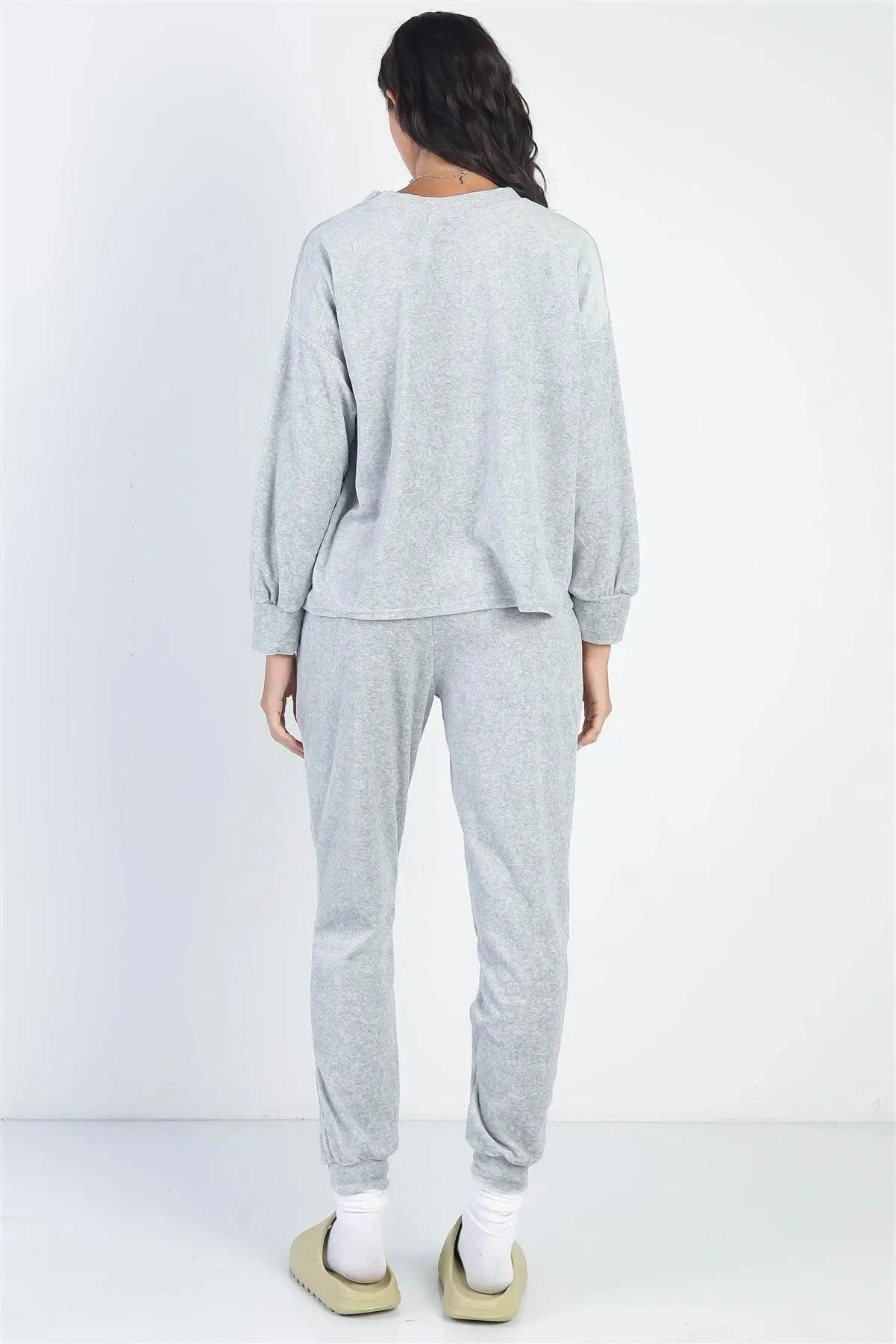 Grey Velour Cotton Long Sleeve Sweater & Pant Set