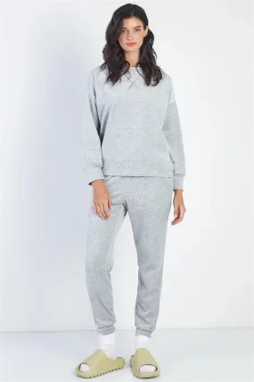Grey Velour Cotton Long Sleeve Sweater & Pant Set