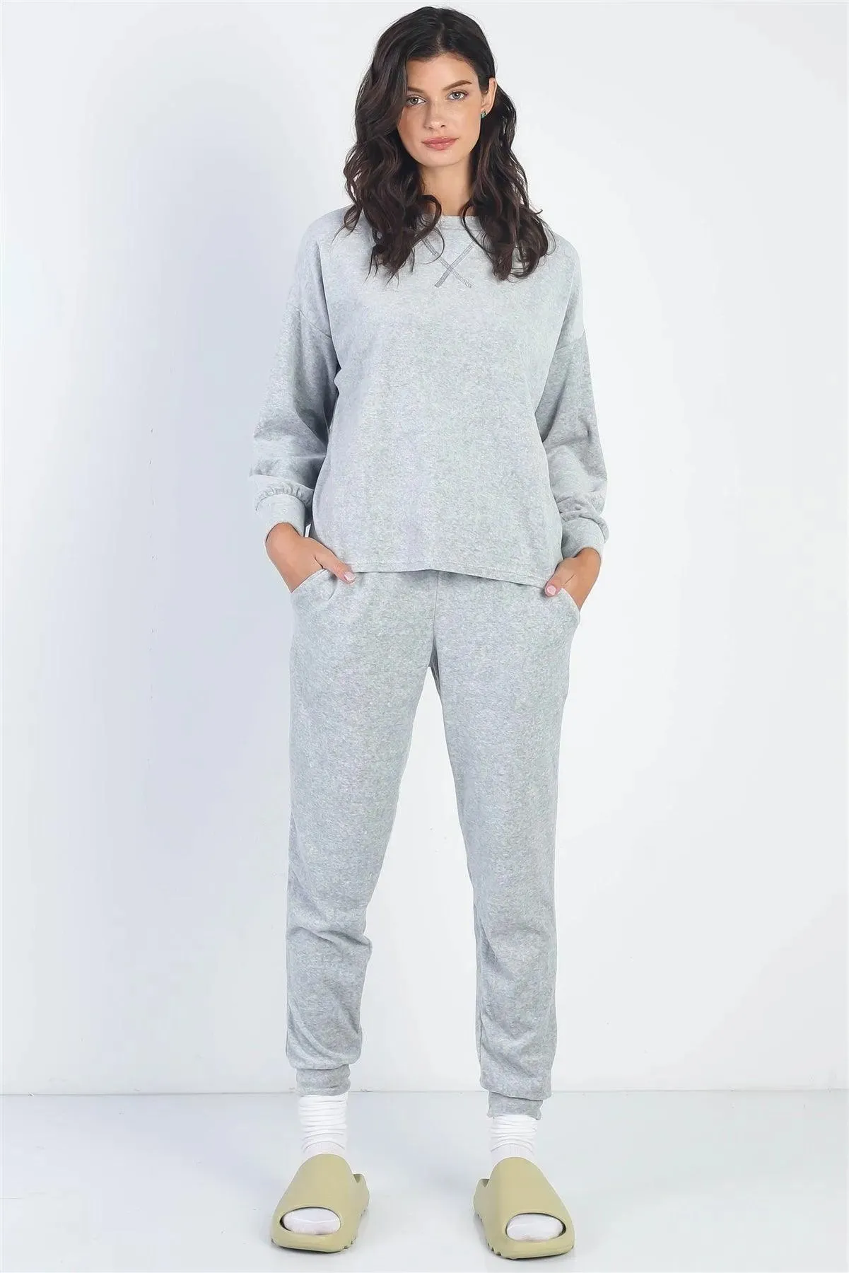 Grey Velour Cotton Long Sleeve Sweater & Pant Set