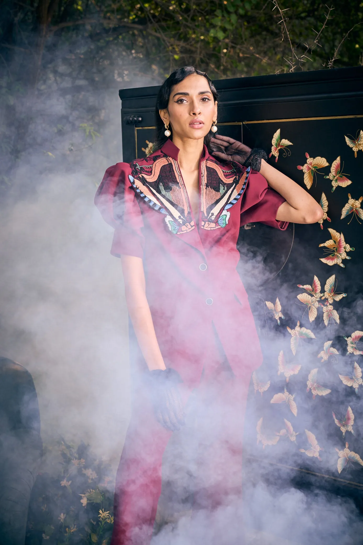 Harp Embroidered Collar Pant Suit