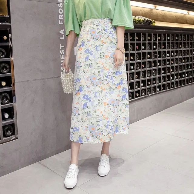 High-Waist Chiffon Floral Midi Skirt