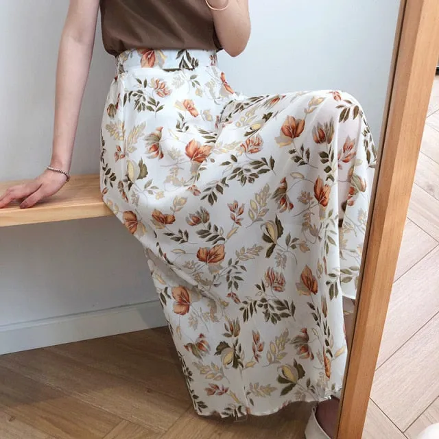 High-Waist Chiffon Floral Midi Skirt