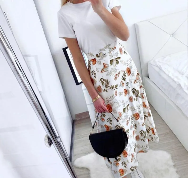 High-Waist Chiffon Floral Midi Skirt