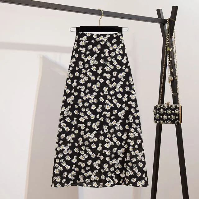 High-Waist Chiffon Floral Midi Skirt