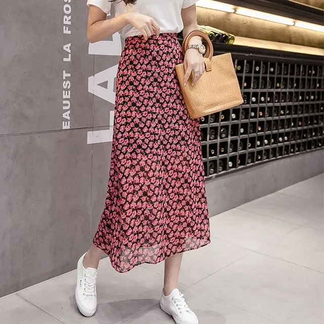 High-Waist Chiffon Floral Midi Skirt