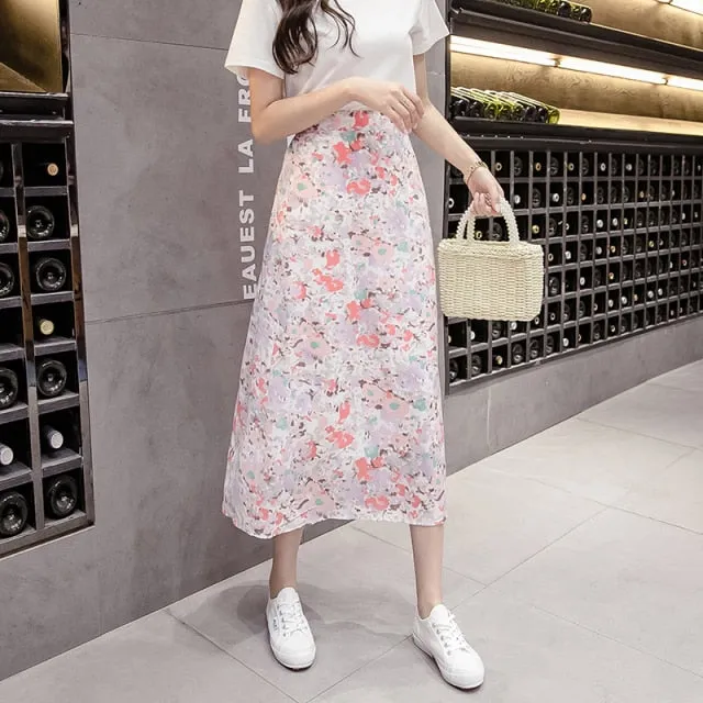 High-Waist Chiffon Floral Midi Skirt