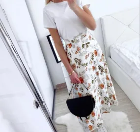 High-Waist Chiffon Floral Midi Skirt