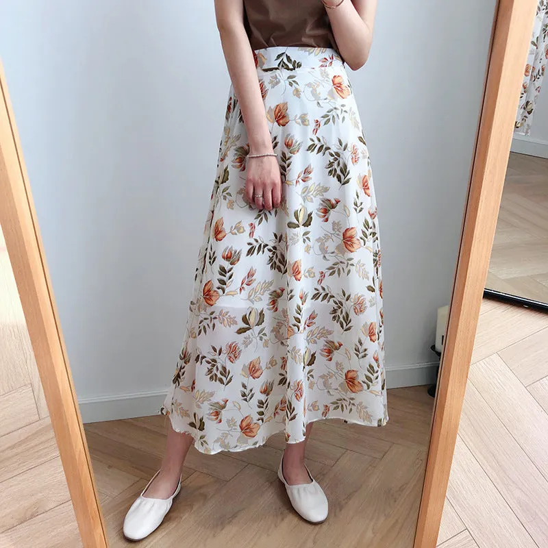 High-Waist Chiffon Floral Midi Skirt