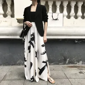 Ink Print High Waist Split Long Beach Swing A-line Skirt
