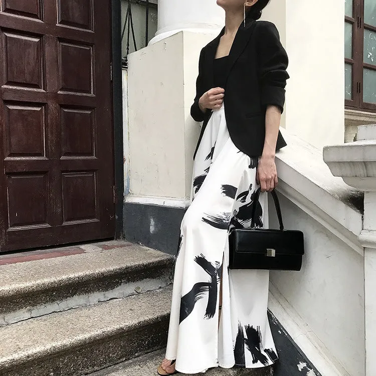 Ink Print High Waist Split Long Beach Swing A-line Skirt