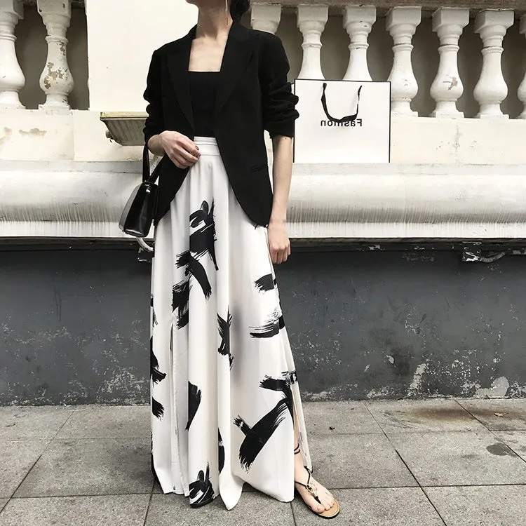Ink Print High Waist Split Long Beach Swing A-line Skirt