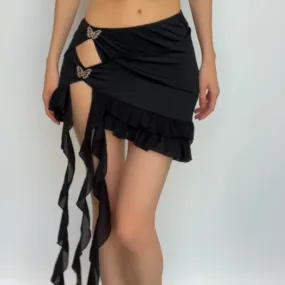 Irregular hollow out ribbon butterfly applique solid ruffle cut out mini skirt