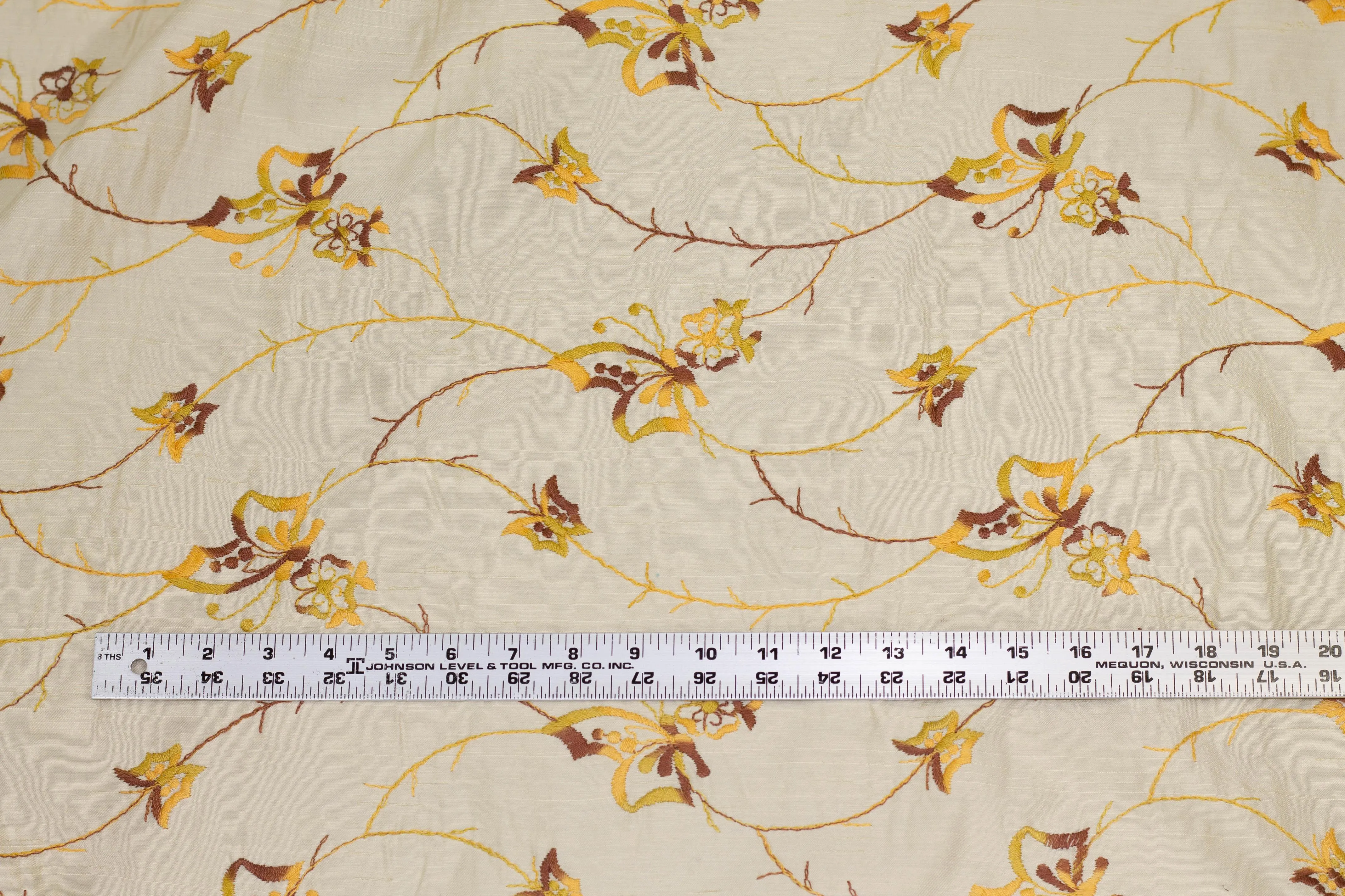 Ivory, Yellow, and Brown Embroidered Floral Linen