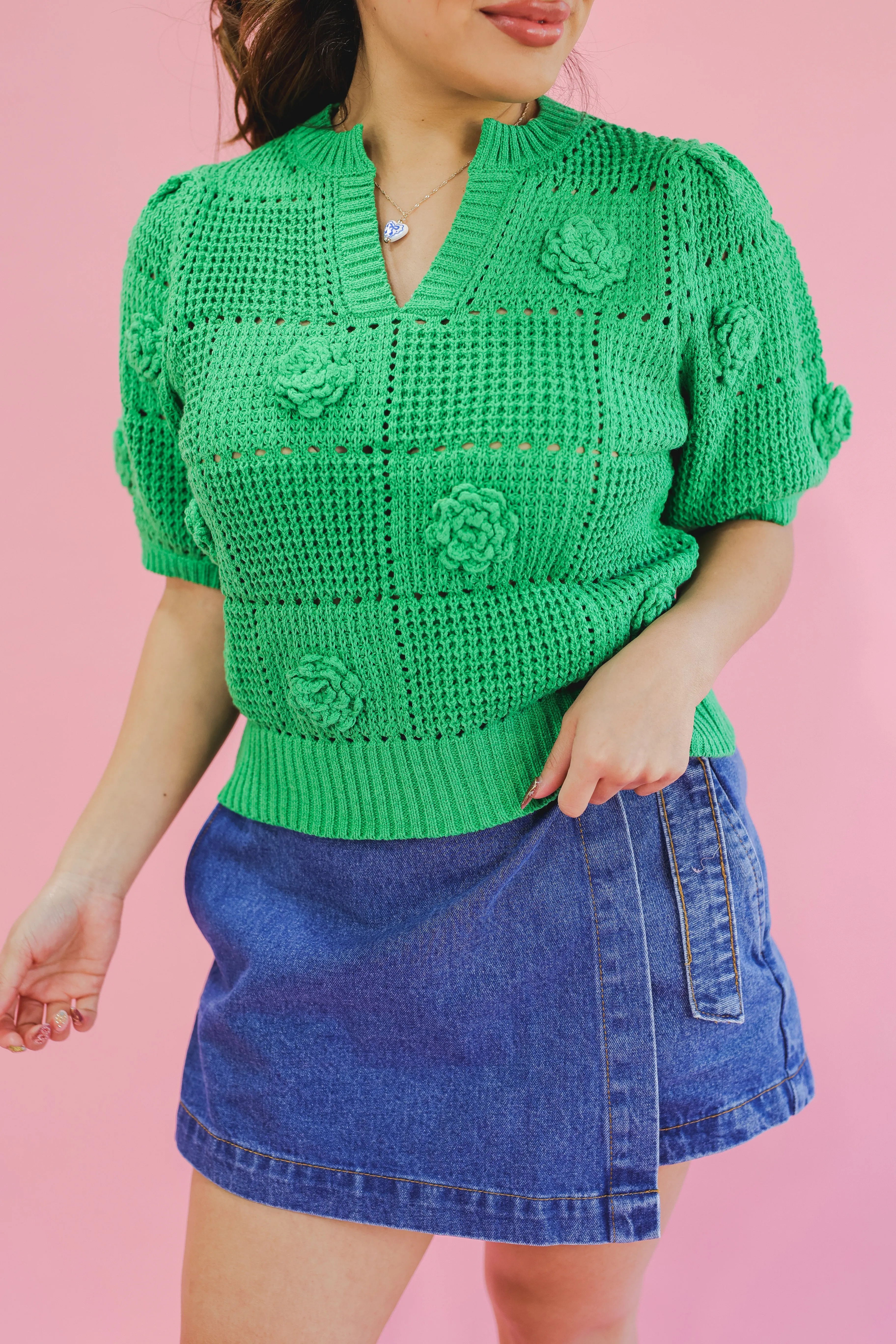 Kindred Heart Knit Floral Sweater - Green