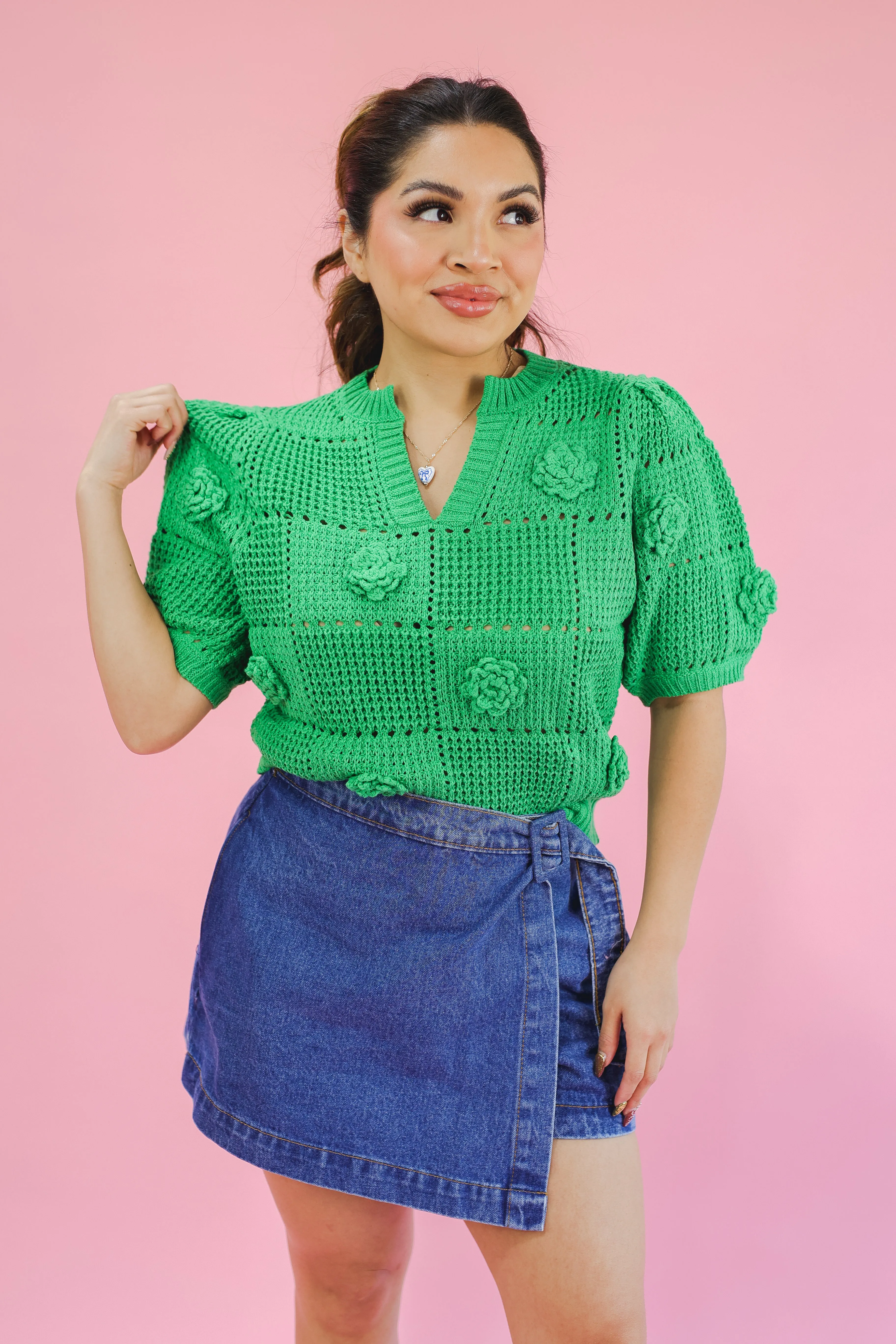 Kindred Heart Knit Floral Sweater - Green
