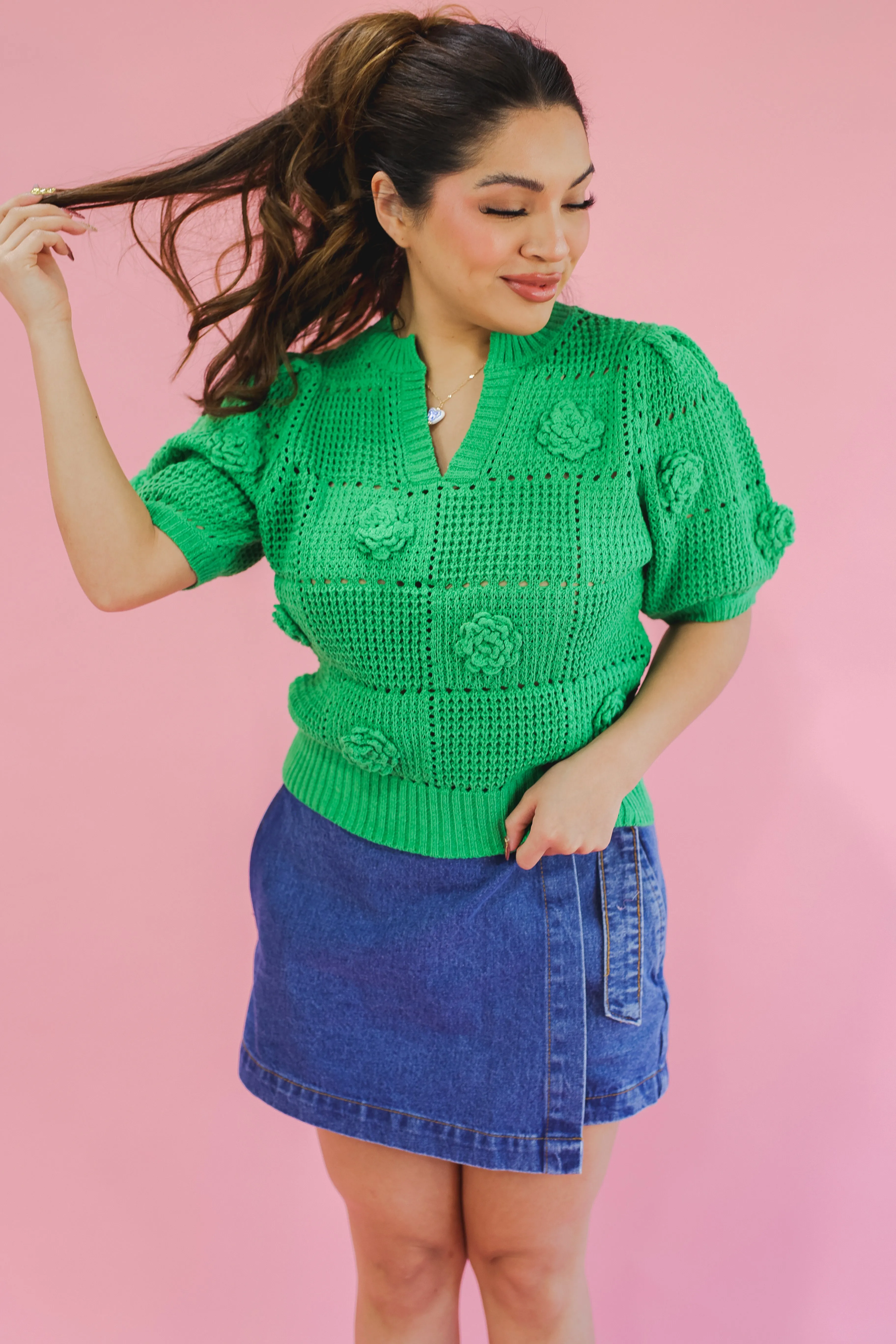 Kindred Heart Knit Floral Sweater - Green