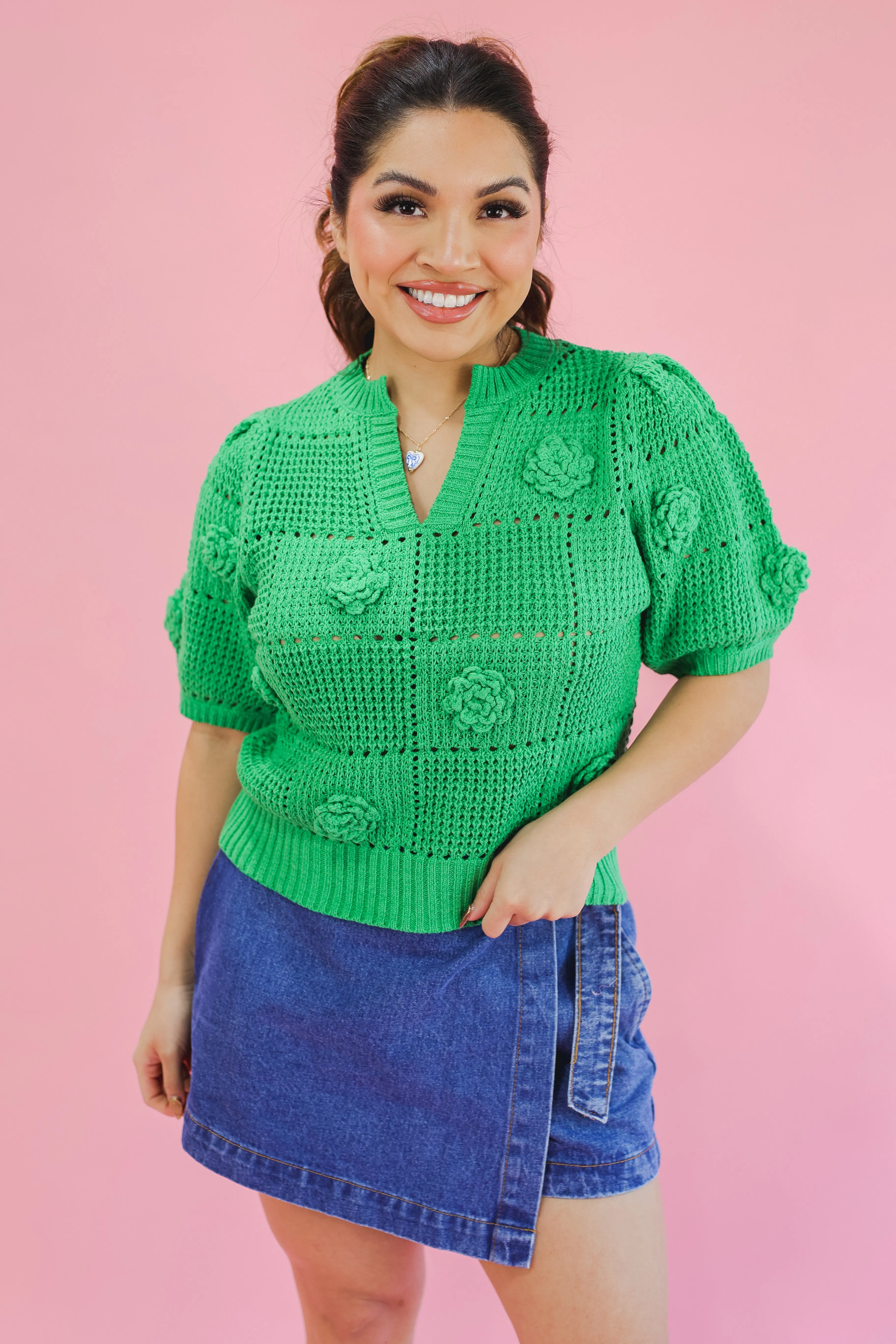 Kindred Heart Knit Floral Sweater - Green