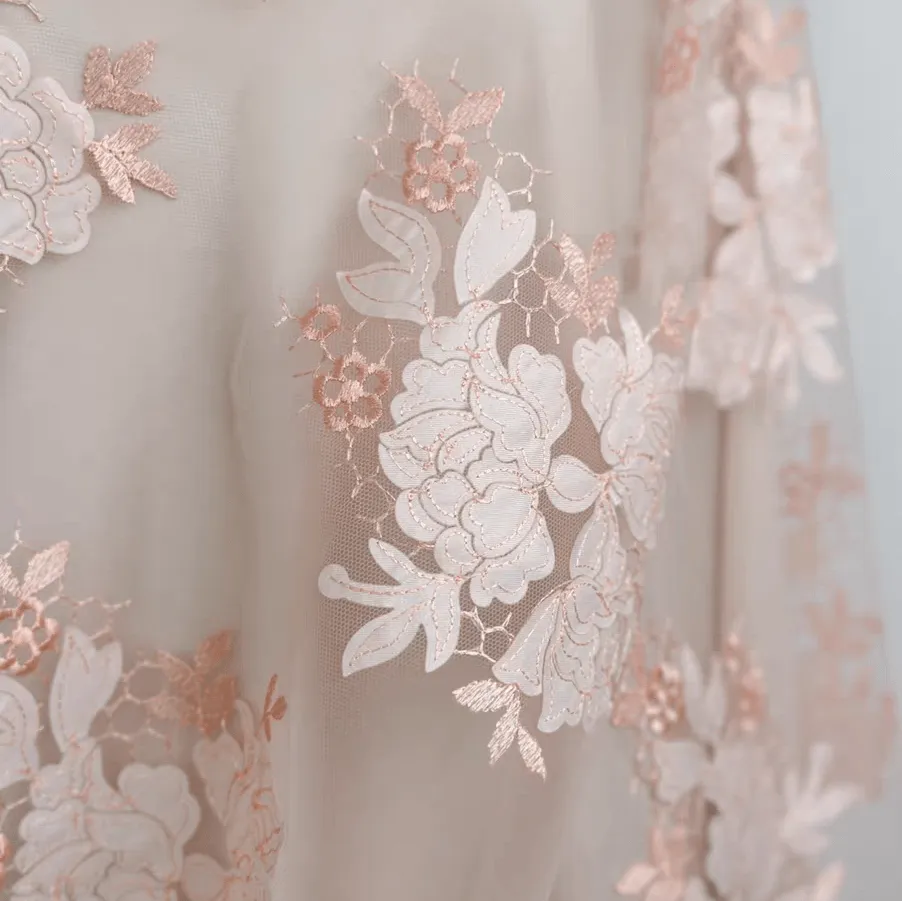 Light Pink-Orange 3D Floral Laser-Cut Appliqué Lace Fabric
