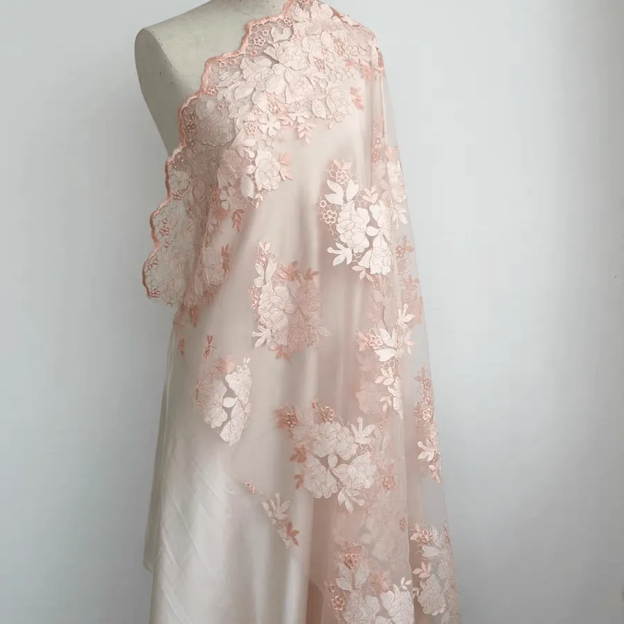 Light Pink-Orange 3D Floral Laser-Cut Appliqué Lace Fabric