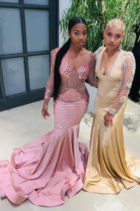 Long Sleeves V Neck Floor Length Prom Dresses with Train