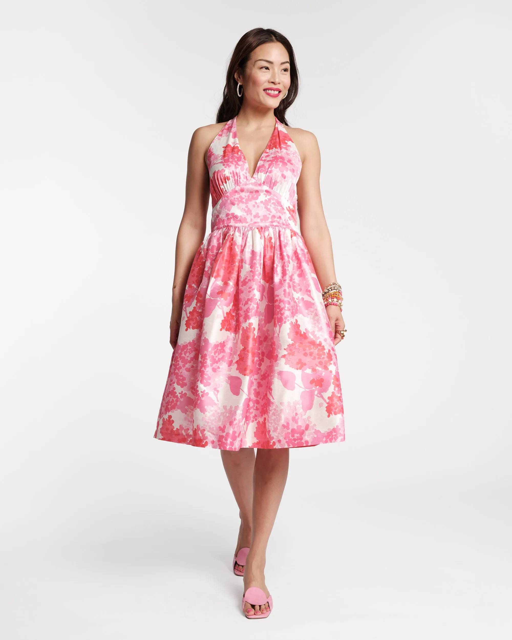 Lydia Dress Dupioni Pink Hydrangea Print