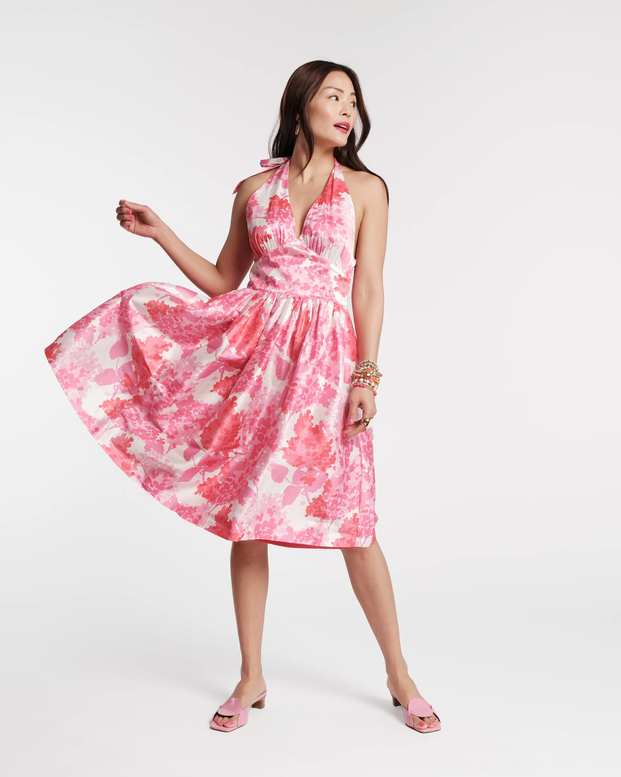 Lydia Dress Dupioni Pink Hydrangea Print