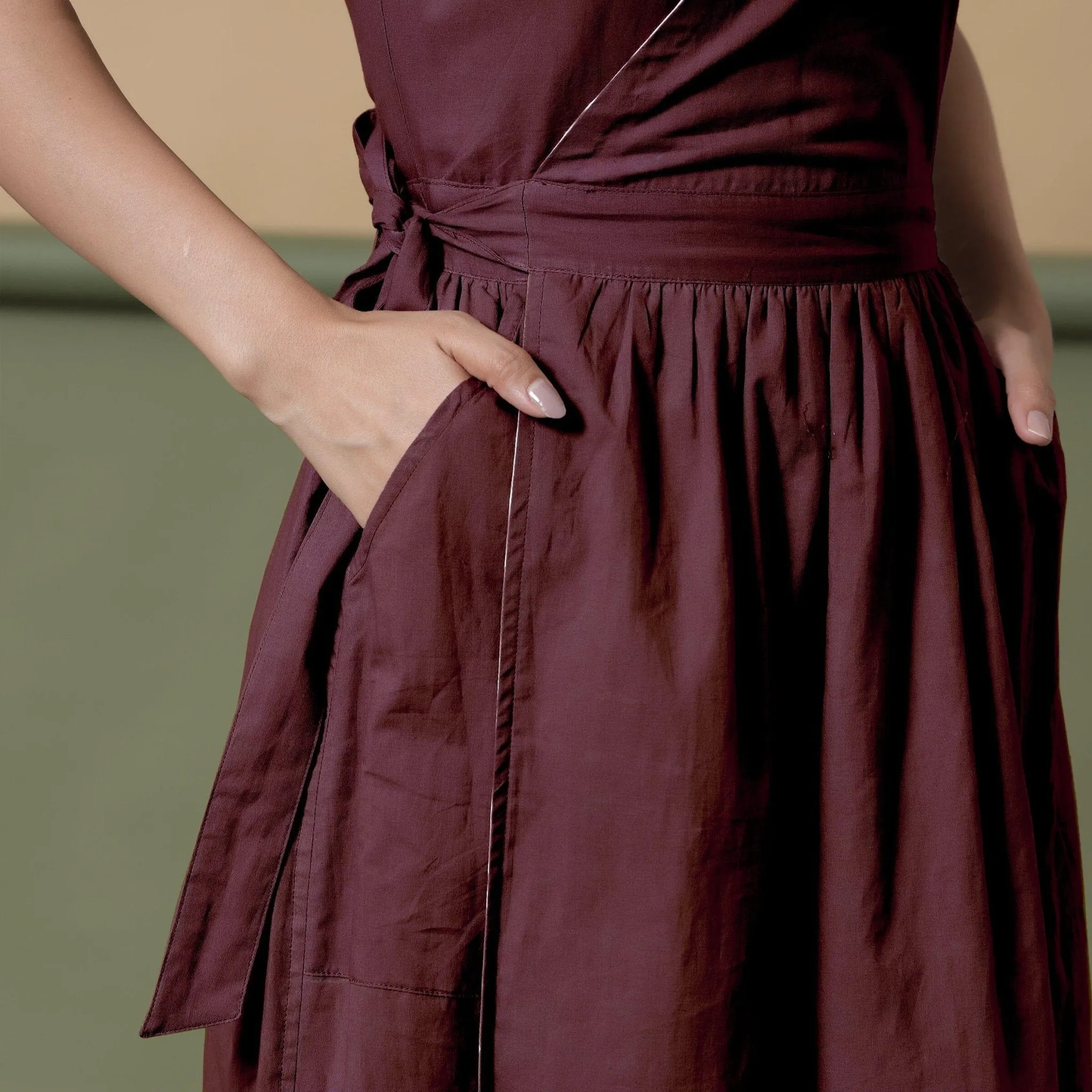 Maroon Cotton V-Neck Maxi Wrap Dress