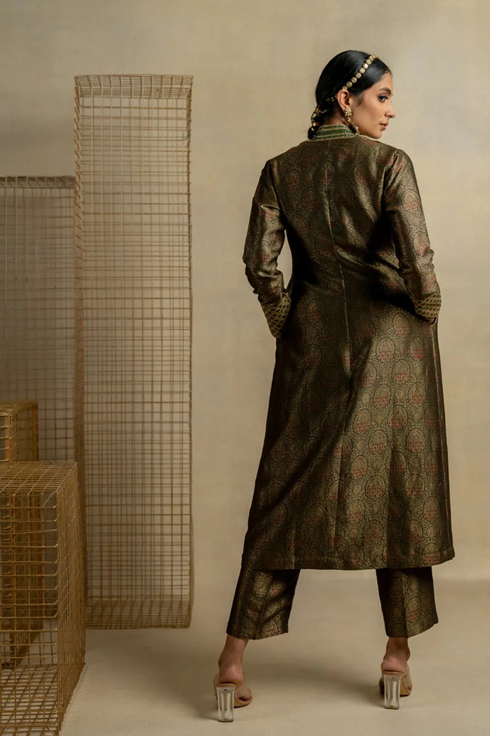 Mehndi Brocade Jacket And Pants With Embroidered Boostier