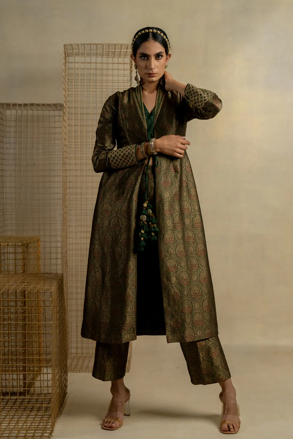 Mehndi Brocade Jacket And Pants With Embroidered Boostier