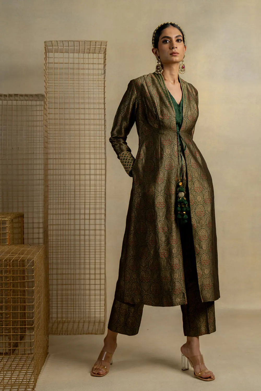 Mehndi Brocade Jacket And Pants With Embroidered Boostier
