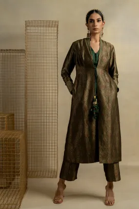 Mehndi Brocade Jacket And Pants With Embroidered Boostier
