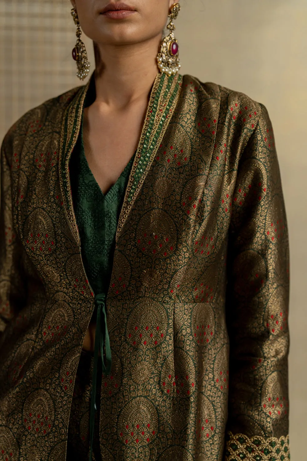 Mehndi Brocade Jacket And Pants With Embroidered Boostier